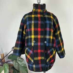 Vintage 80s Lillunn Design of Norway Primary Color Plaid Mock Neck Wool Overcoat